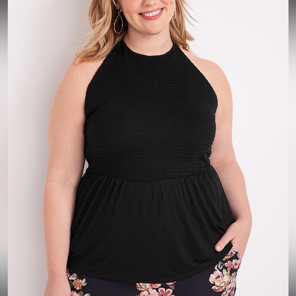 Maurices Plus Size Solid Smocked Halter Neck Peplum Tank Top Black